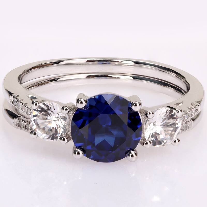 Miadora 10k White Gold Created Blue White Sapphire & 1/10ct TDW Diamond 3-Stone Bridal Ring Set