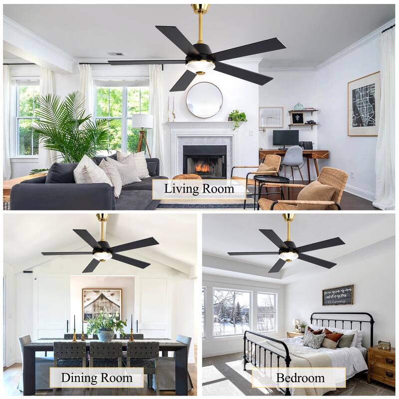 Oaks Aura 52" LED Dimmable Ceiling Fan,Modern Black Reversible Blades Fan Light,6 Speeds Quiet DC Motor with Remote for Indoor