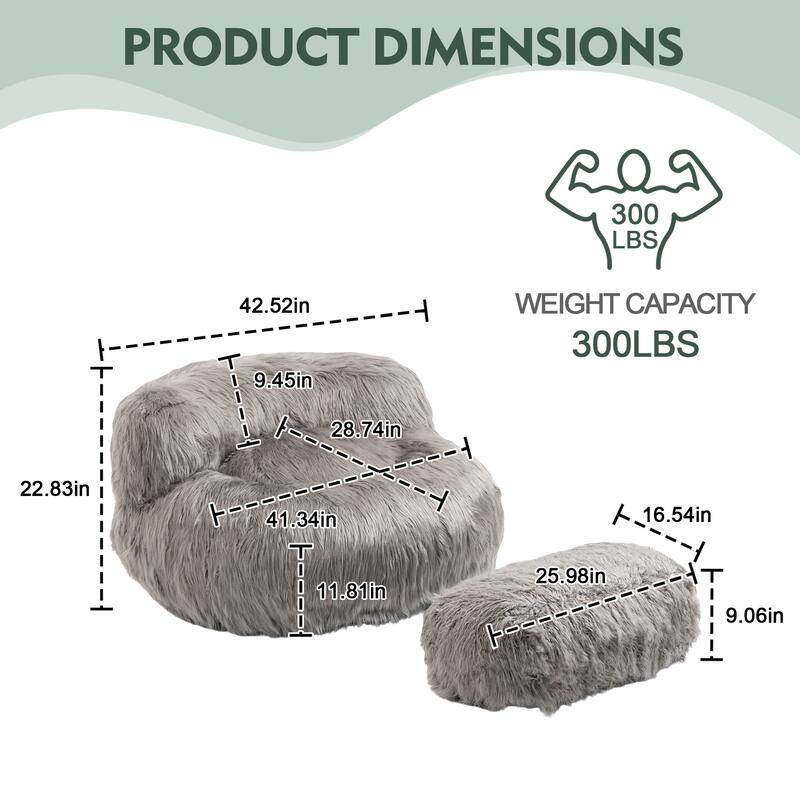 Plush Upholstered Round Comfort Lounger Bean Bag Chair with Ottoman