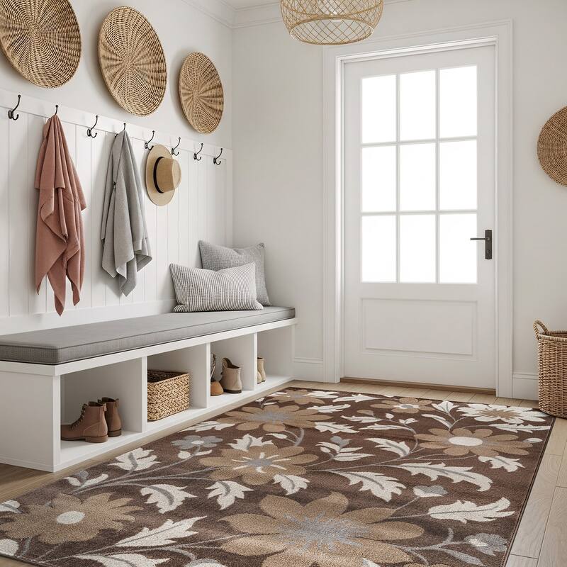 Contemporary Floral Area Rug for Living Room, Bedroom, or Entryway - Low Pile Indoor Rug - 4' x 6'