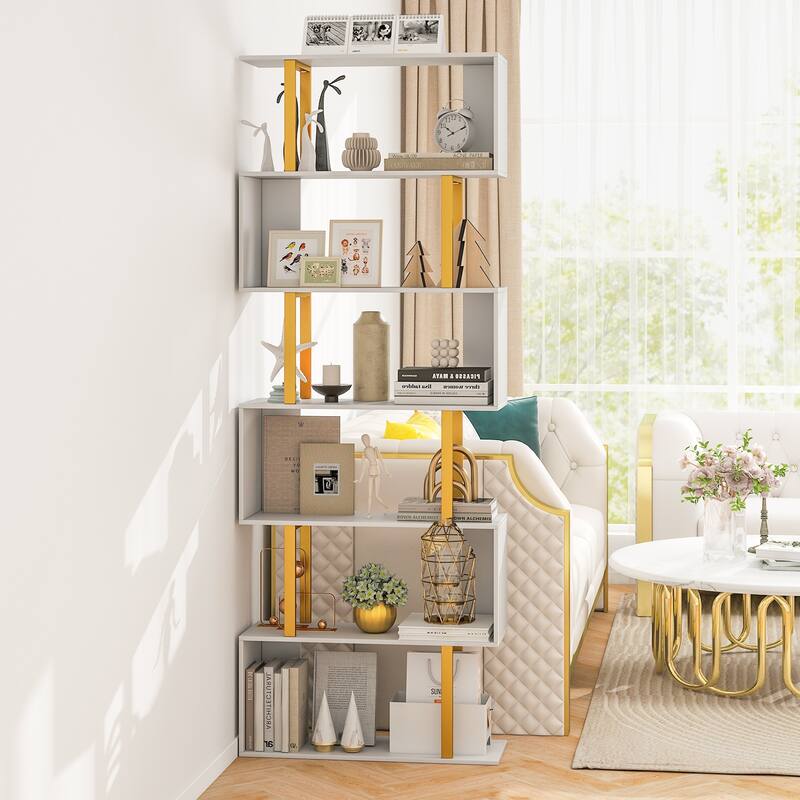 Gymax 6-Tier Geometric Bookcase 74.5-Inch S-Shaped Bookshelf w/ Metal