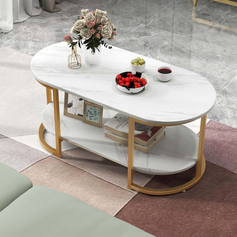 Costway White Marble Coffee Table Modern 2-Tier Center Table with - See Details