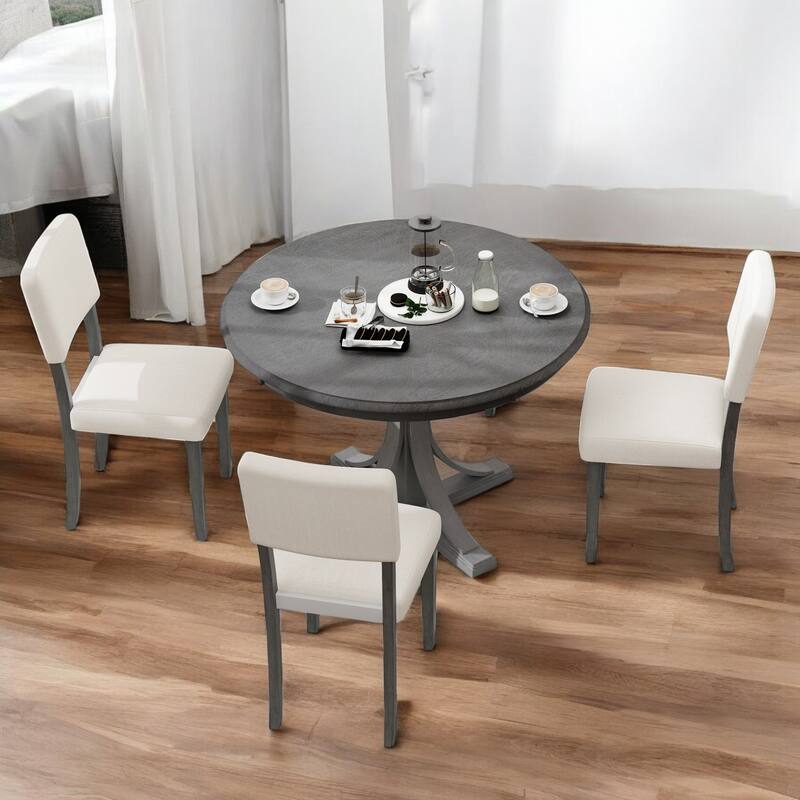5-Piece Retro Round Dining Table Set with Upholstered Chairs - Solid Wood, Curved Legs for Dining Room and Kitchen