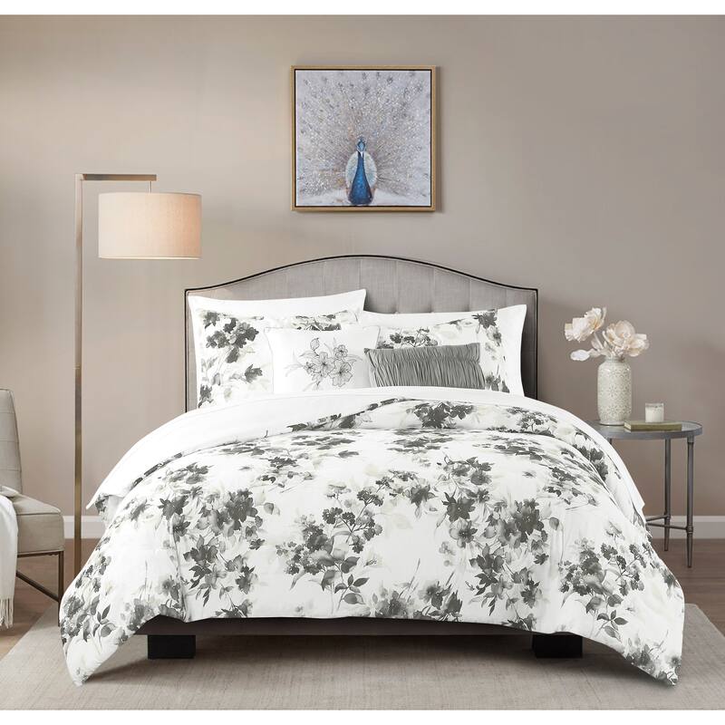 Wonderful Sophia 5-Piece Floral Pattern Comforter Set - 22026 White & Gret/5 Piece - King