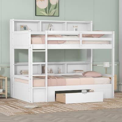 Twin Size Bunk Bed with Built-in Shelves and Storage Drawer