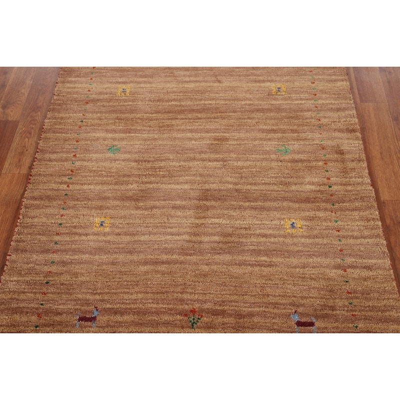 Brown Striped Gabbeh Indian Accent Rug Hand-Knotted Wool Carpet - 3'2" x 4'10"