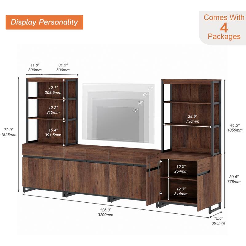 WAMPAT Modern TV Stand with 3 Tiers Bookshelf, Farmhouse Entertainment Center with 4 Large Storage Cabinets and Adjustable Shelf
