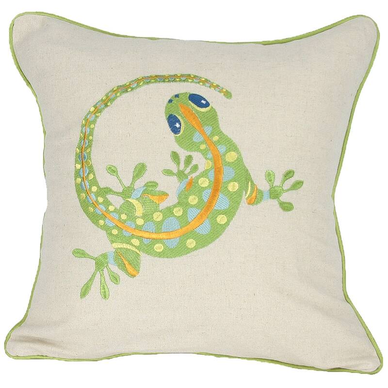 18"x18" Beige and Green Lizard Linen Blend Zippered Pillow With Embroidery
