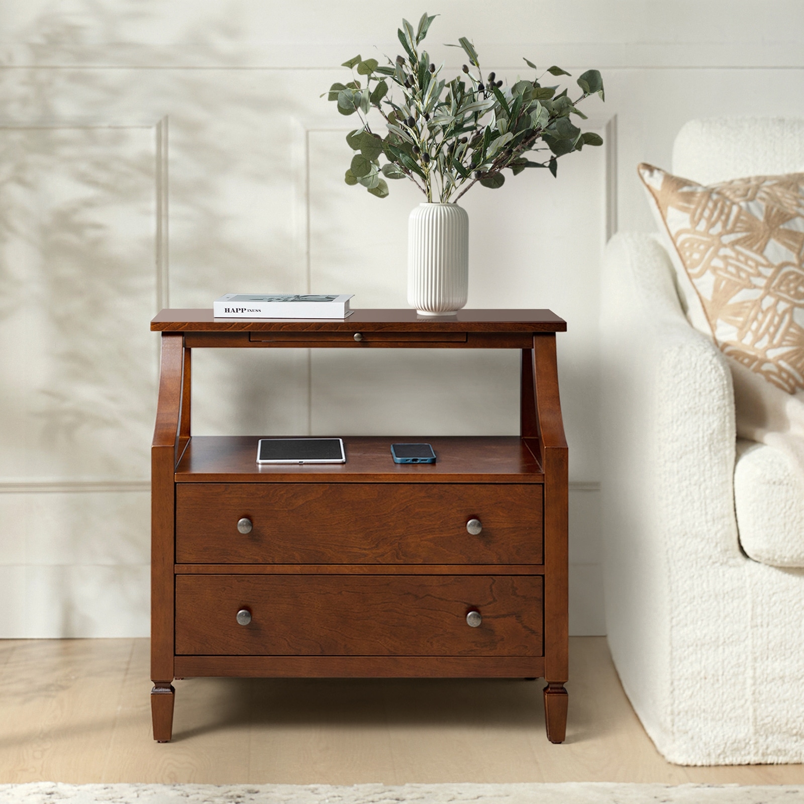HULALA HOME Jennifer Transitional 2 - Drawer End Table with Built-In Outlets and Pull-out Tray