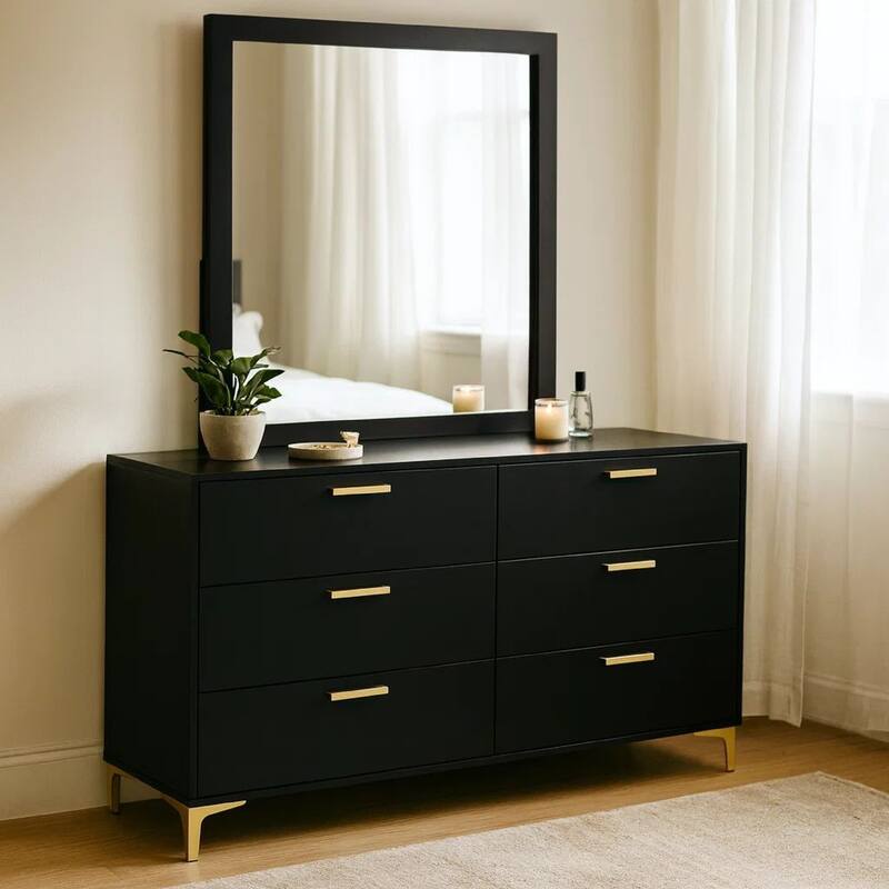 Dle Wide Dresser with Mirror, Gold Bracket Legs, Modern Black Finish