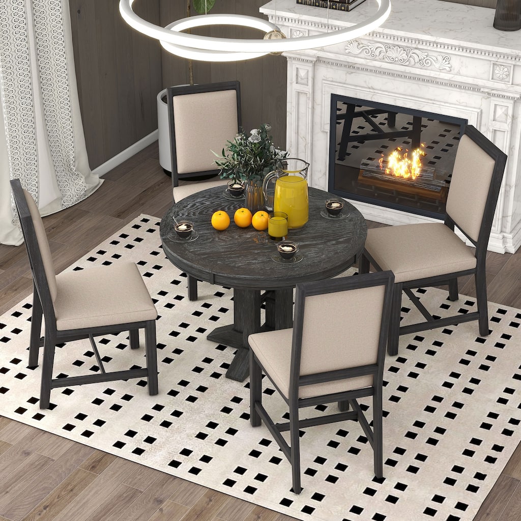 Nestfair 5-Piece Dining Set with Extendable Round Table and 4 Upholstered Chairs