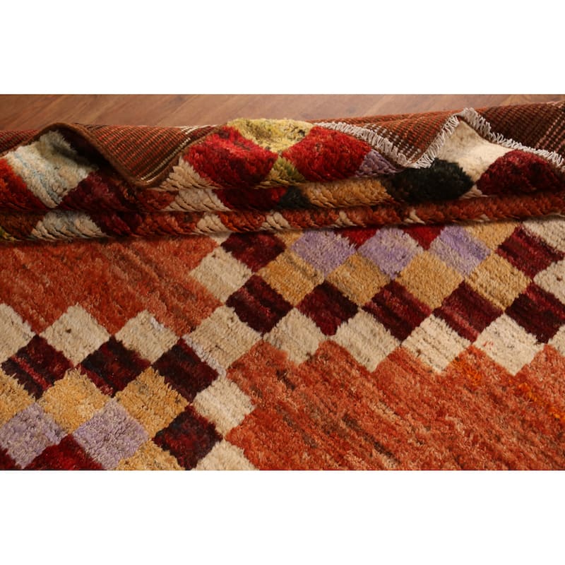 Checkered Orange Moroccan Oriental Area Rug Handmade Wool Carpet - 6'7" x 9'10"