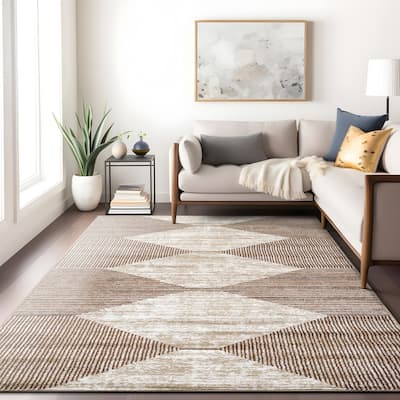 Beige Brown Geometric Stripe Stylish and Durable Area Rug