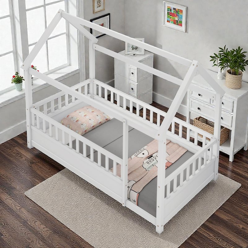 Twin/Full Wooden House Frame Floor Bed with Fence Guardrails, Montessori Style Kids Bed, Pine Wood Low Profile Design