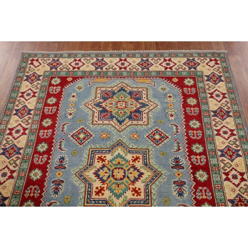 Light Blue Kazak Rug Handmade Geometric Wool Carpet - 4'10" x 6'1"