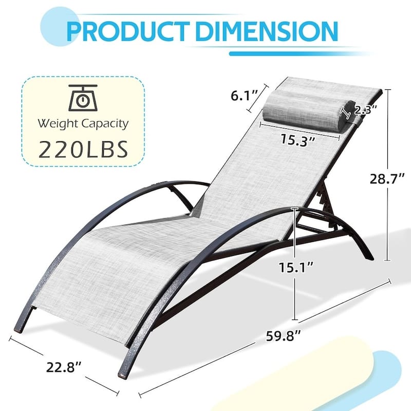 EROMMY 2-Pcs Outdoor Recliner Lounge Chair, Adjustable Patio Chair, Grey - 59.8'' * 22.8''
