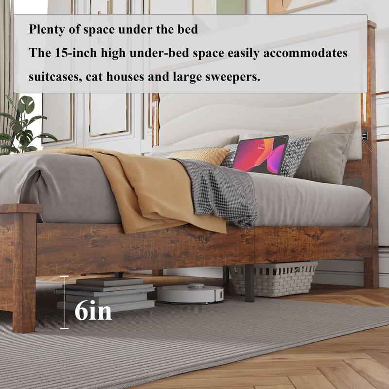 King Size bed Frame with Upholstered Headboard, King bed Frame with Charging Station and LED Lights, Wood Slats