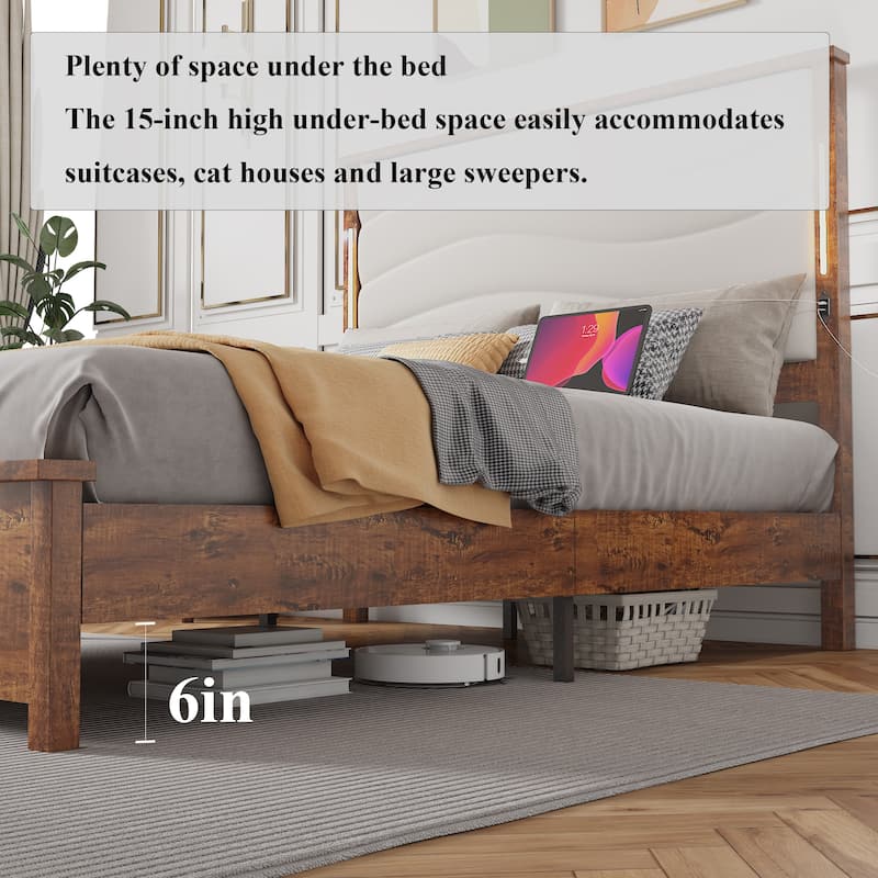 Queen Size Bed Frame with Upholstered Headboard, Charging Station, LED Lights, Wood Slats, No Box Spring Needed, Easy Assembly