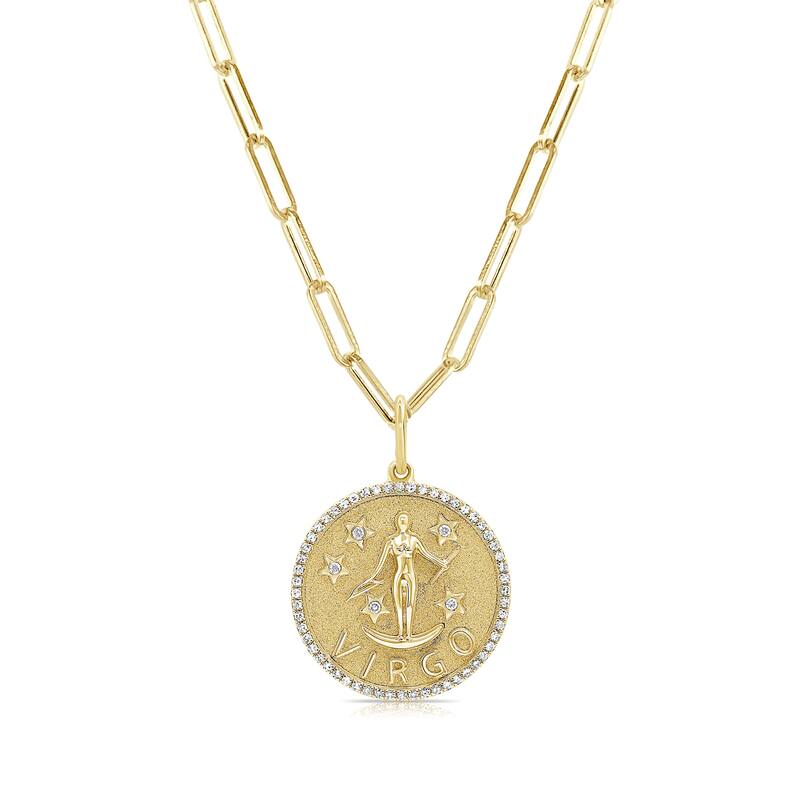 Zodiac Diamond Sign Necklace 14k Gold - Coin Pendant - Yellow Gold Diamond Necklace for Her - Women's Neckace