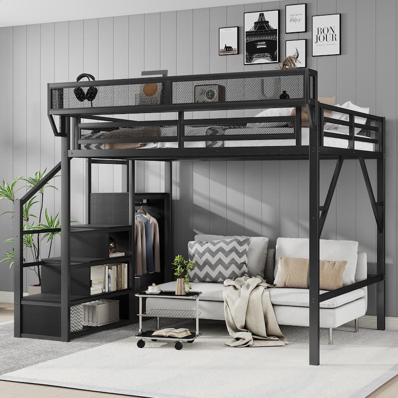 Metal Queen Size Loft Bed with Stairs,Wardrobe and Shelves - Black