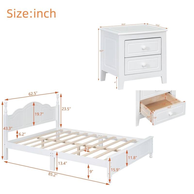 2/3/4-Pc Bedroom Sets Twin/Queen White Platform Bed w/LED/Nightstands/Ottoman/Headboard - Sherpa/High Gloss/Retro/Wood/Acrylic