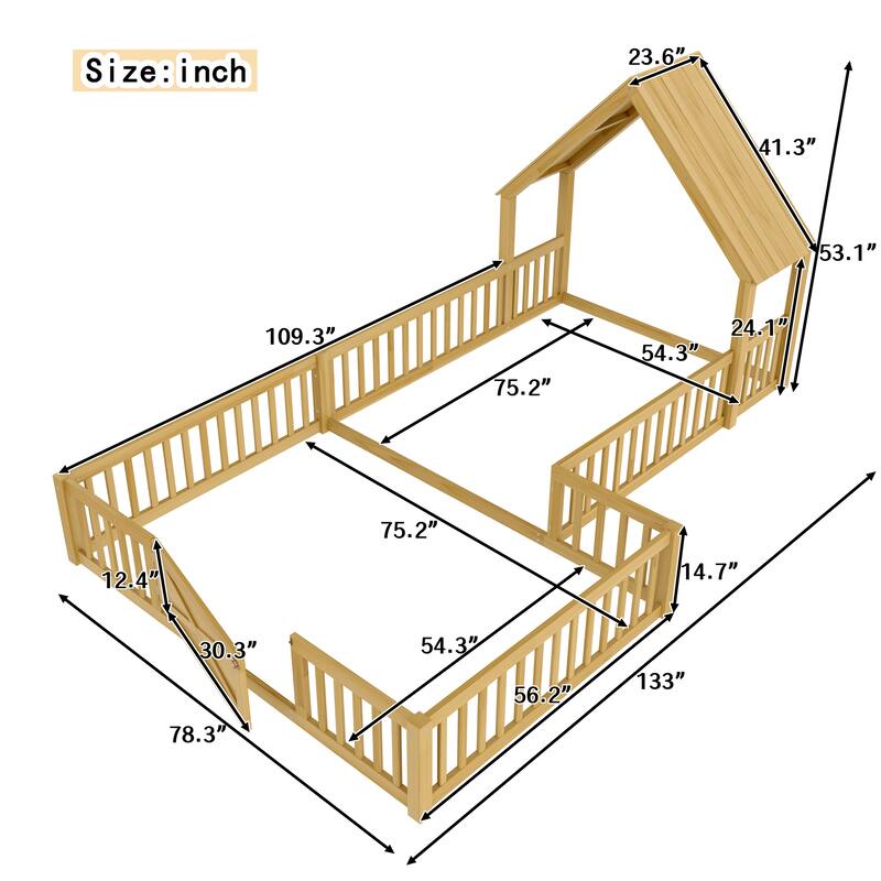 Full Size House Floor Bed, Double Full Floor Bed with Door and Full-length Guardrails, Multi-function Design