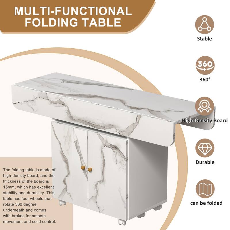47" Wood Folding Dining Table with Storage Rack & Cabinet, Removable Kitchen Island Table with 6 Wheels, Side Table