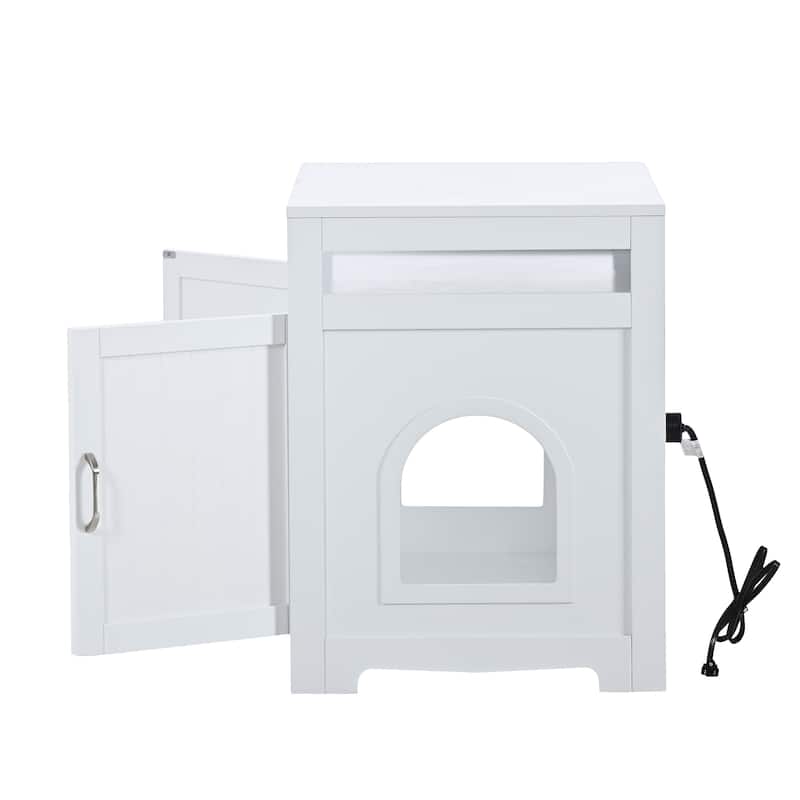 Anmytek White Large Wooden Cat Litter Box Enclosure Furniture with Hidden Plug 2 Doors Cat Washroom Storage Bench Side Table