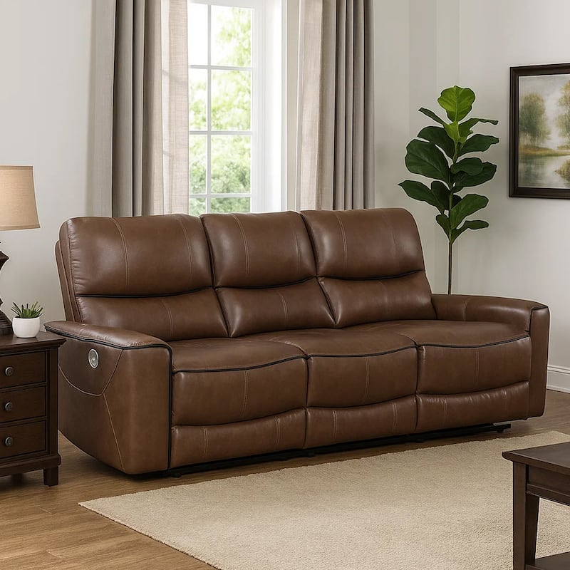 Lima Power Recliner Sofa, Brown Faux Leather, USB Port, Cushions, 83 Inch