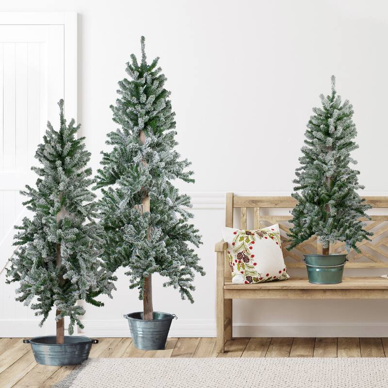Set of 3 Slim Flocked Alpine Artificial Christmas Trees 6' - Unlit
