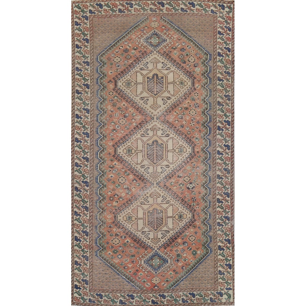 Geometric Bakhtiari Persian Vintage Rug Hand-Knotted Coral Wool Carpet - 4'11"x 9'10"