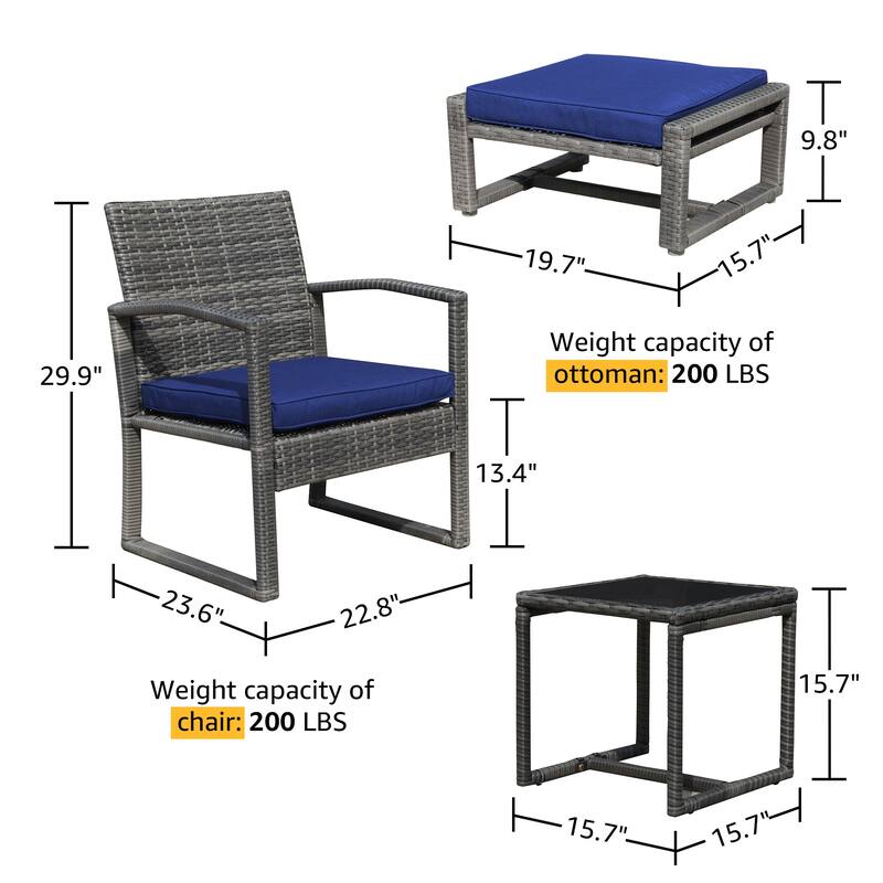 5-Piece Patio Wicker Chat Set with Armchairs, Ottomans and Side Table