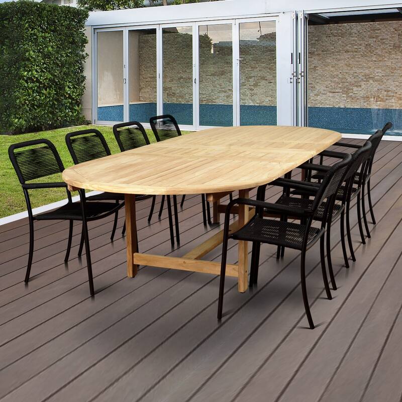9-Piece Brown and Black Oosterdam Teak Extendable Rectangular Patio Dining Set 118"