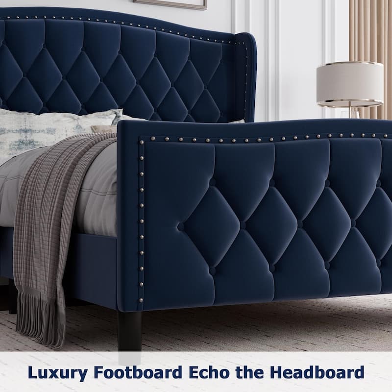 Bed Frame Velvet Upholstered Platform Bed with Wing Side Headboard