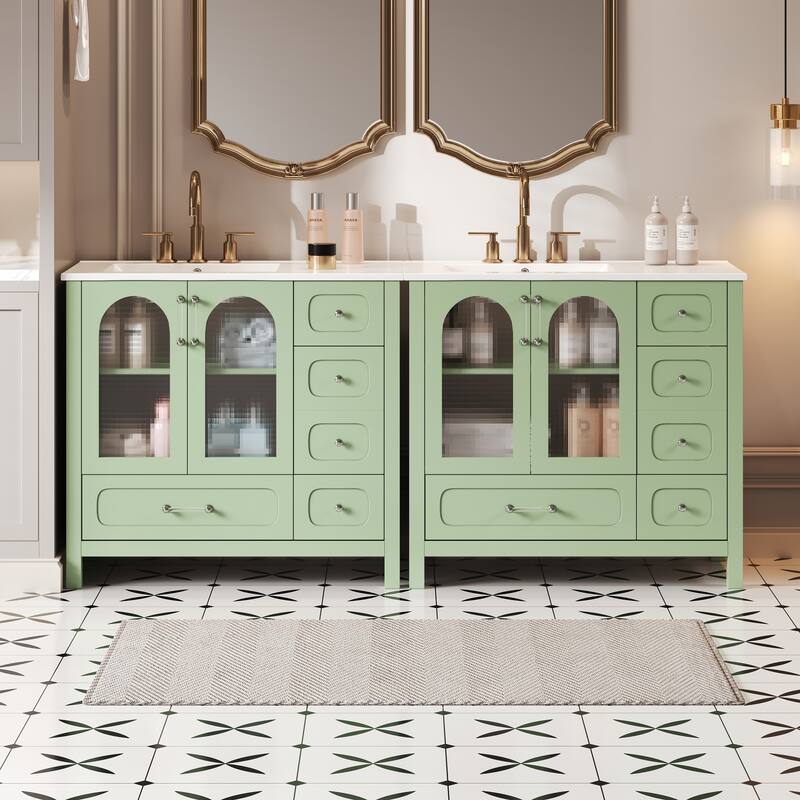 72" Double Sink Bathroom Vanity - Waffle Texture Doors, 8 Drawers & 4 Soft-Close Cabinets, Large Storage with Glass Accents