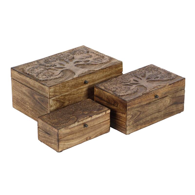 Mango Wood Floral Handmade Decorative Box with Hinged Lid - Set of 3 Brown - Roche River Decor