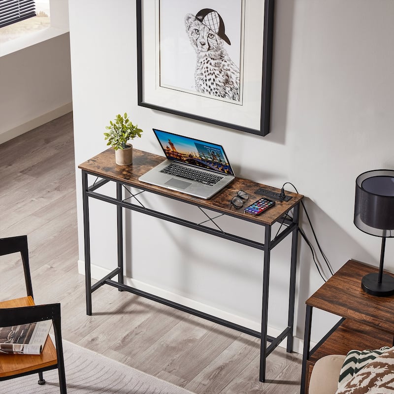 VECELO Industrial Rectangular Console Table with AC Power and USB Charging Ports Multi-Purpose Metal Console Table for Entryway