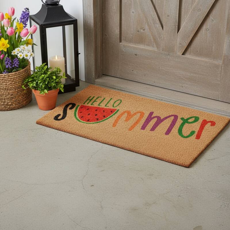 HomeRoots 17" X 29" Brown Green And Red Hello Summer Outdoor Coir Door Mat - 17.00' X '29.00 - 17.00' X '29.00