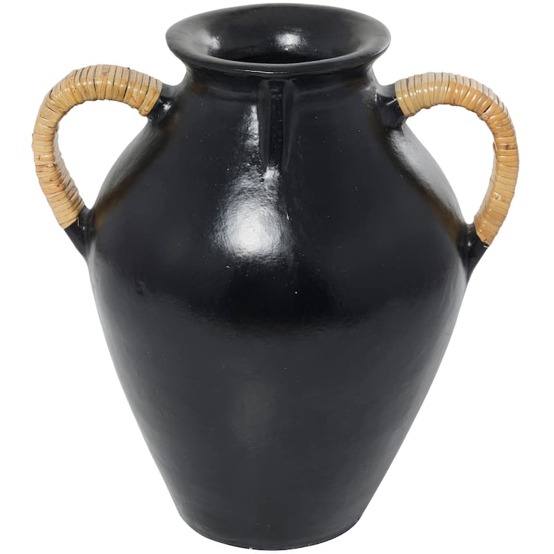 Modern Black Ceramic Jug Inspired Vase with Rattan Wrapped Handles