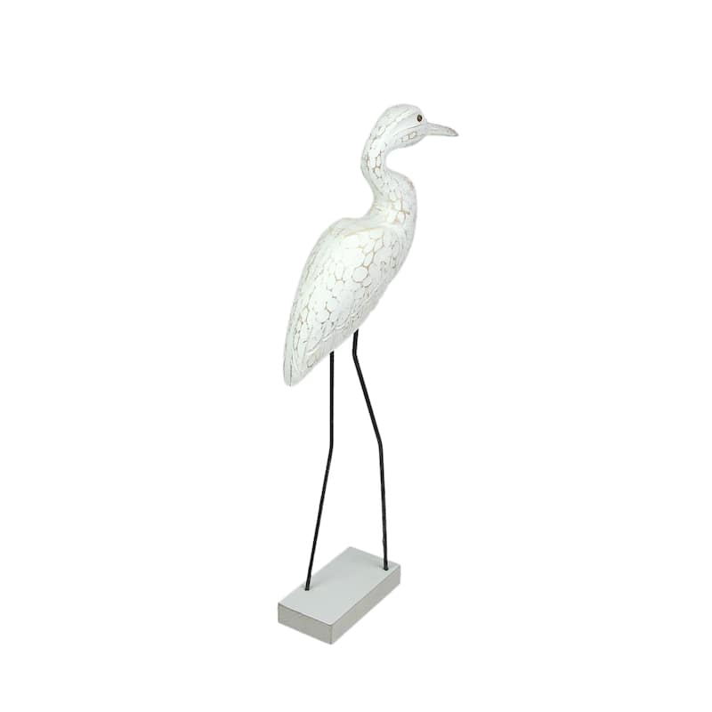 Carved Wood And Metal White Egret Bird Statue 21 Inches High - 21.25 X 9.25 X 2.75 inches