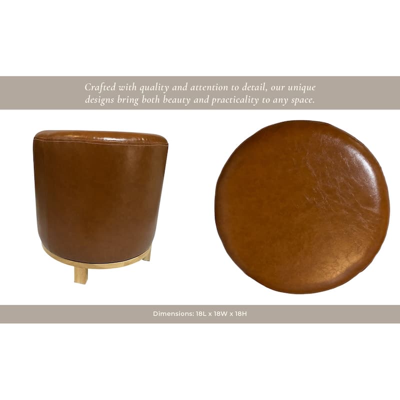 Leather and Pine Wood Ottoman Round Design Seating Accent - 18" Brown