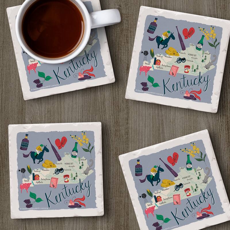 Kentucky Home 4-Pack Absorbent Stone Coasters with Protective Cork Backing 4" Square Made in The USA Artistic Easily Wipes Clean