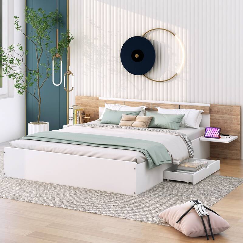 Modern Queen Platform Bed with Storage Drawers, USB Ports, and Headboard Shelves - White - Queen