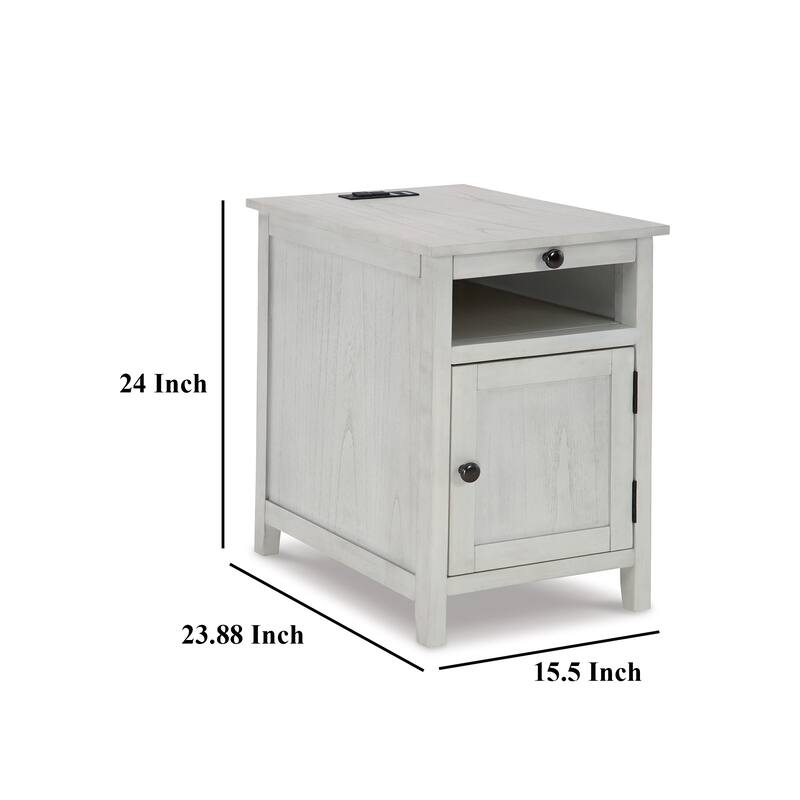 Gena Side End Table, Shelf and Pull Out Tray, White Solid Wood 24 Inch