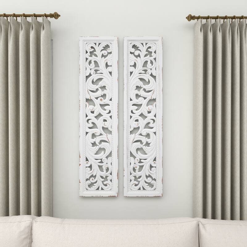 White Wood Handmade Slim Distressed Carved Panel Scroll Home Wall Decor (Set of 2)