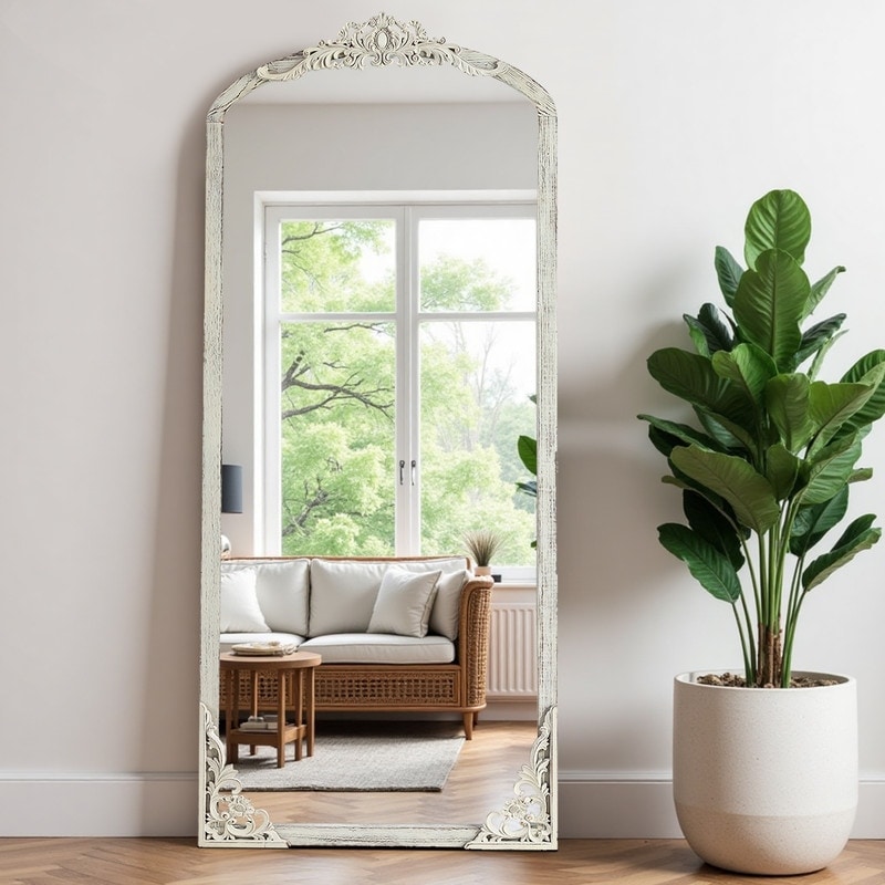 Rustic Arched Solid Wood Framed DIY Carved Full Length Mirror