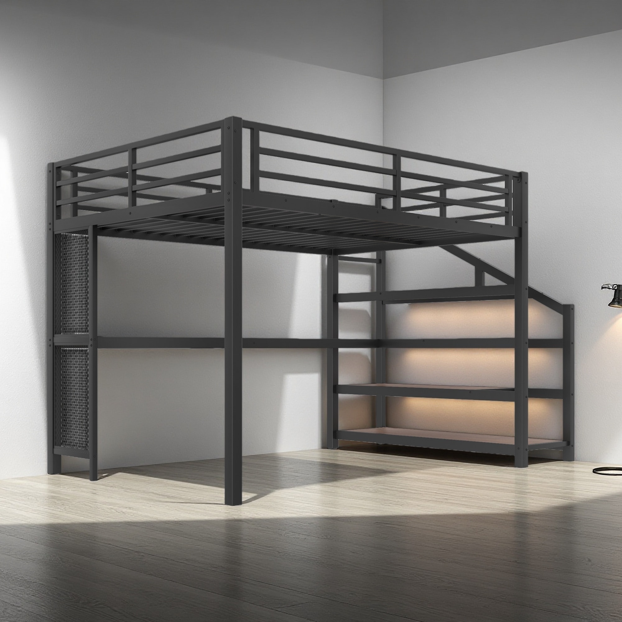 Queen Metal Loft Bed with Desk, Storage Stairs, LED & USB Ports