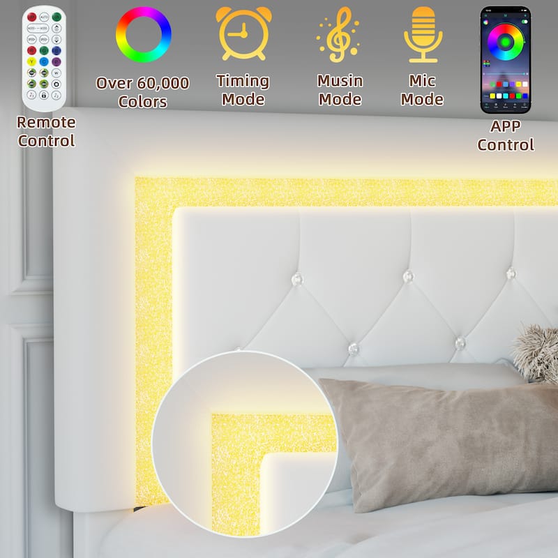 Full Size Bed Frame with Headboard, Floating Bed Frame with LED Lights, Upholstered Platform Bed with Diamond Tufted Headboard