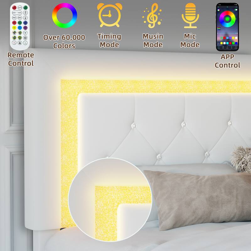 Queen Size Bed Frame with Headboard, Floating Bed Frame with LED Lights, Upholstered Platform Bed with Diamond Tufted Headboard