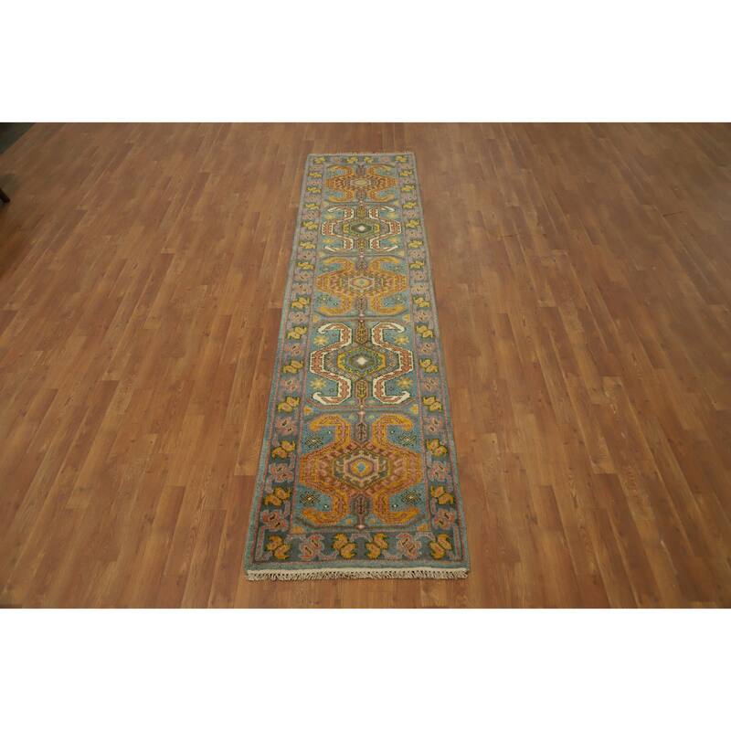 Hand Knotted Oriental 100% Wool Carpet Traditional Geometric Green Kazak Runner Rug - 10' 1'' X 2' 5''